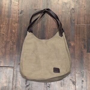 K2 Khaki Canvas Hobo Shoulder Bag Dark Brown Faux Leather Trim Zip Top 11x13x8‎